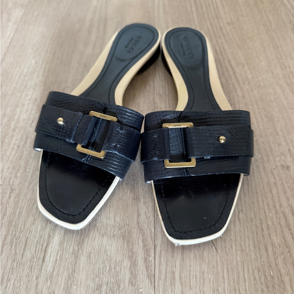 Gucci Black Leather Buckle Slide Sandals Square Toe Heel EU 37 - Picture 4 of 7